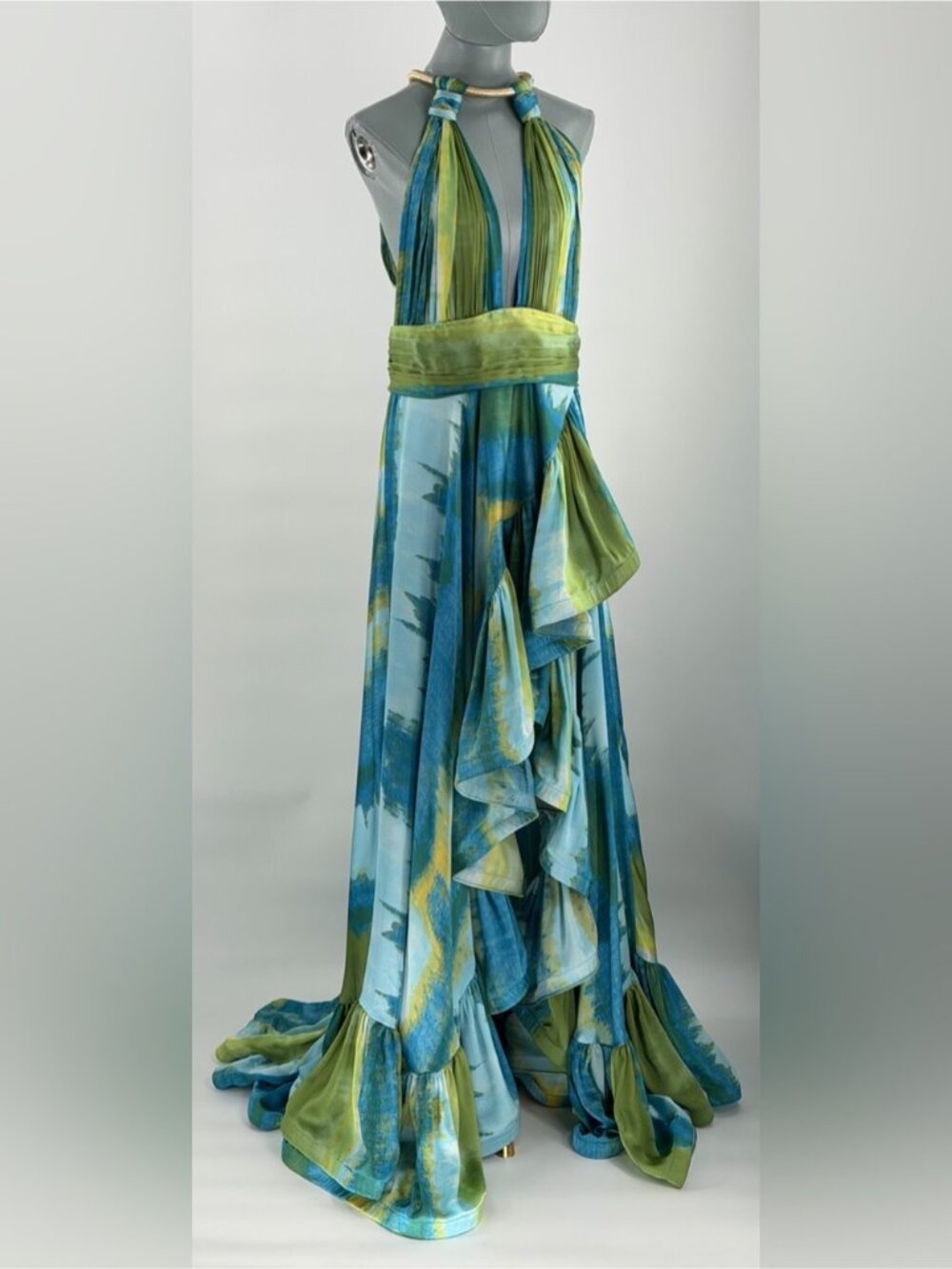 🆕 BRONX & BANCO 🧿 NWOT Palma Coastal Ruffle Hi-Low Gown, Blue Green, Sz L US 8 - Picture 3 of 16